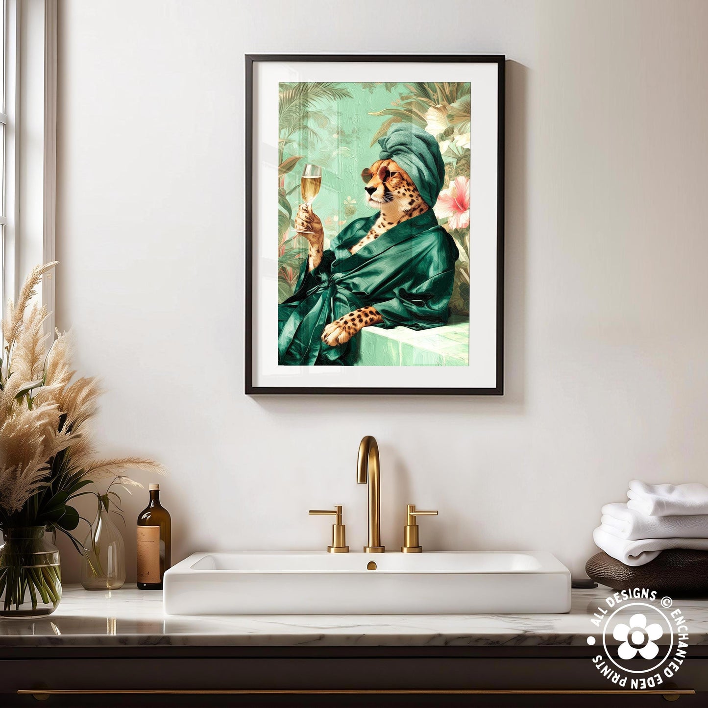 a framed painting of a cheetah wearing a green robe and holding a glass of wine, set against a tropical background.
