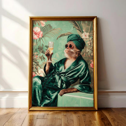 A framed painting depicting a monkey wearing a green robe and holding a glass of wine, surrounded by tropical foliage.
