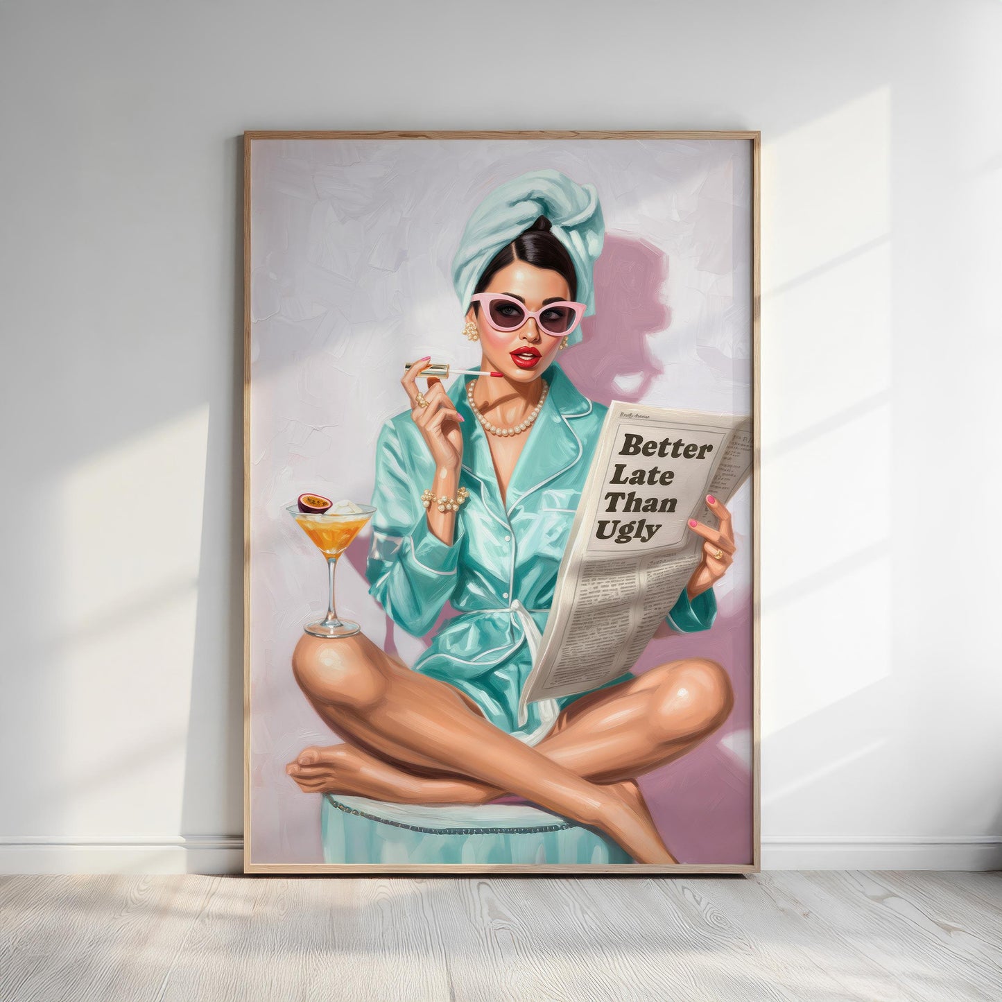 Retro Coquette Wall Art – 1950s “Better Late Than Ugly” Quote Print