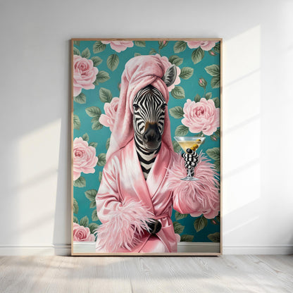 Funny Zebra in Robe Poster – Glam Bathroom & Bar Wall Art