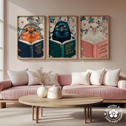 Funny Magpie Reading Book Art – Quirky Bird Lover Wall Decor