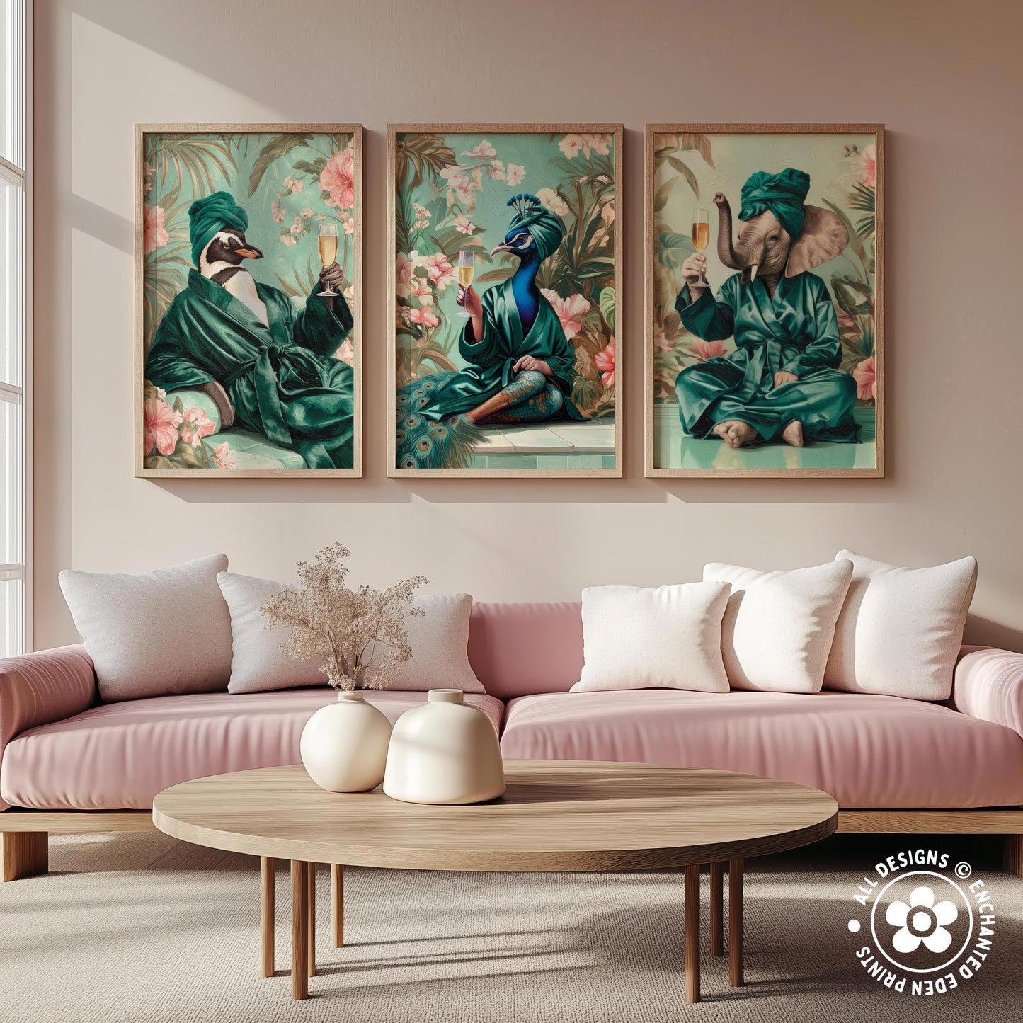 a living room with a pink sofa, a wooden coffee table, and three framed paintings of peacocks, elephants, and penguins on the wall above the sofa.