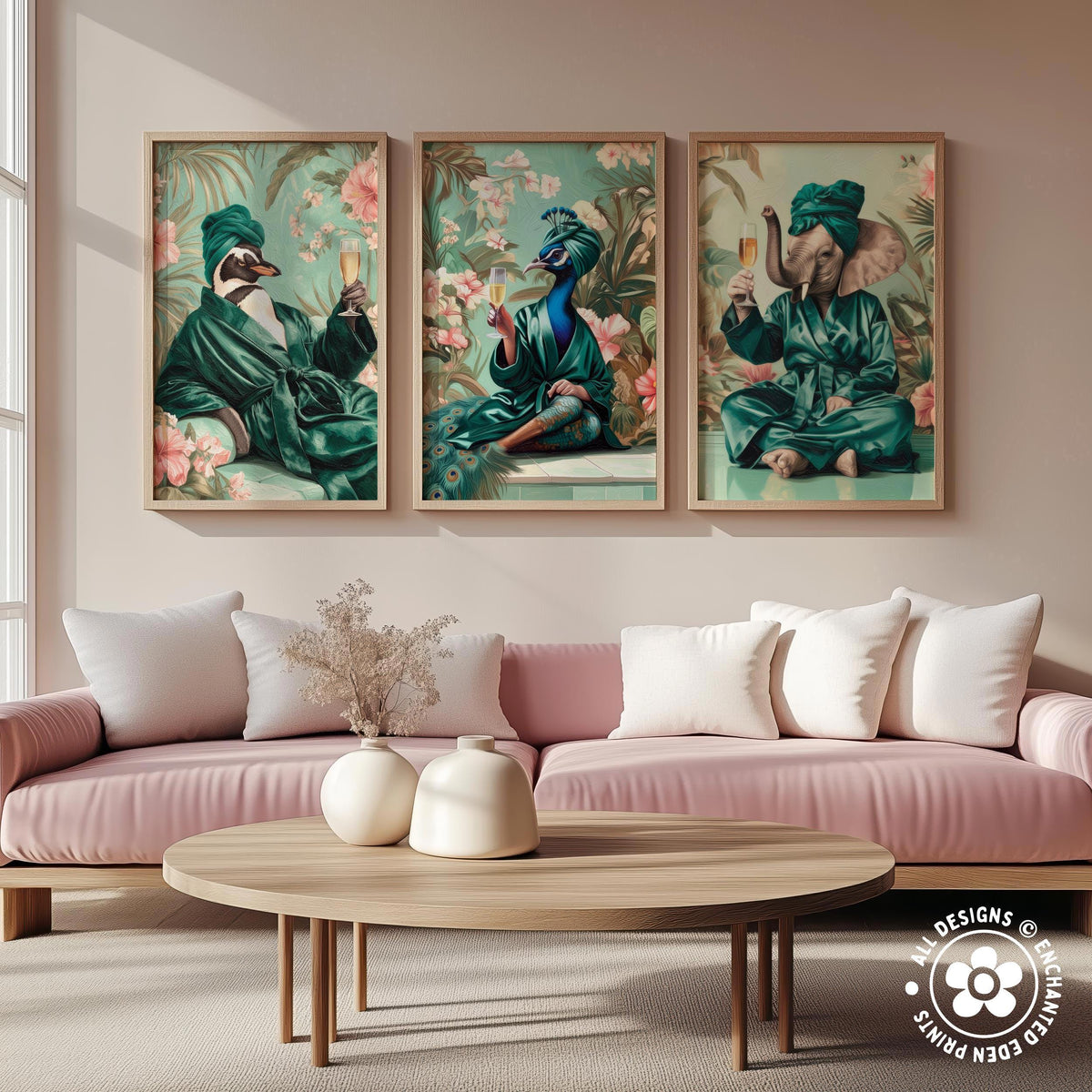 a living room with a pink sofa, a wooden coffee table, and three framed paintings of peacocks, elephants, and penguins on the wall above the sofa.