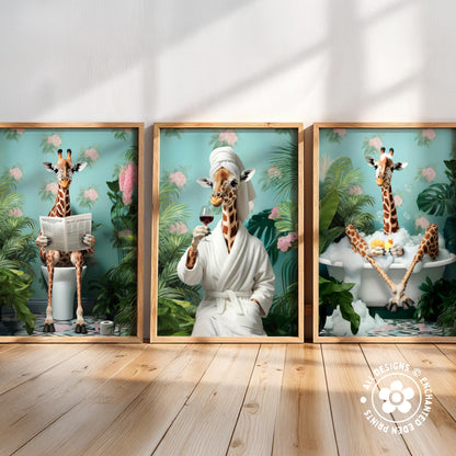 The image is a collage of three framed pictures depicting giraffes in various activities, such as reading a newspaper, taking a bath, and enjoying a drink.