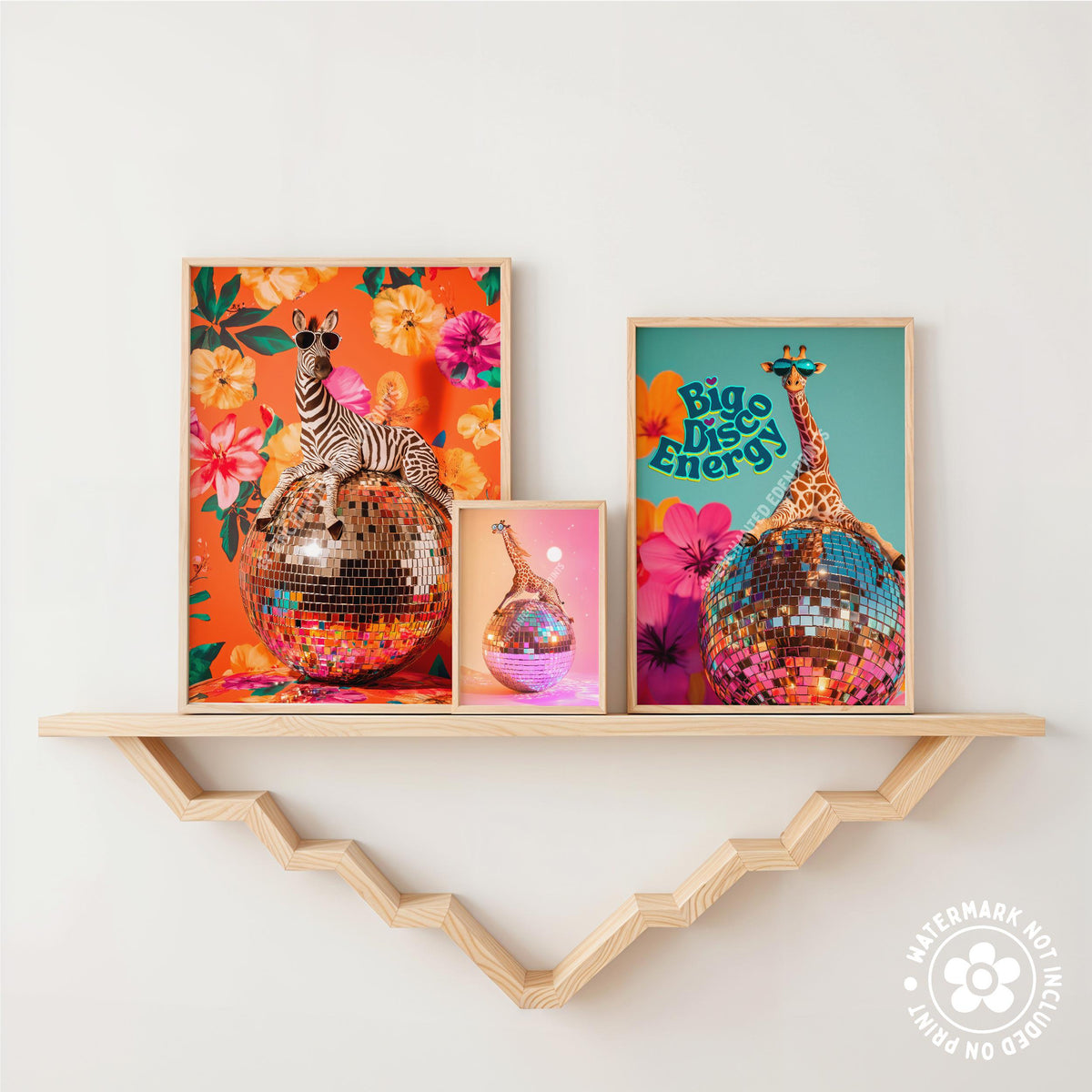 a couple of pictures are on a shelf