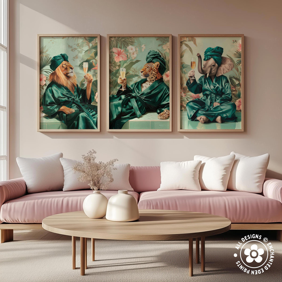 a living room with a pink sofa and a wooden coffee table. Above the sofa, there are three framed paintings depicting animals in green robes, each holding a wine glass.