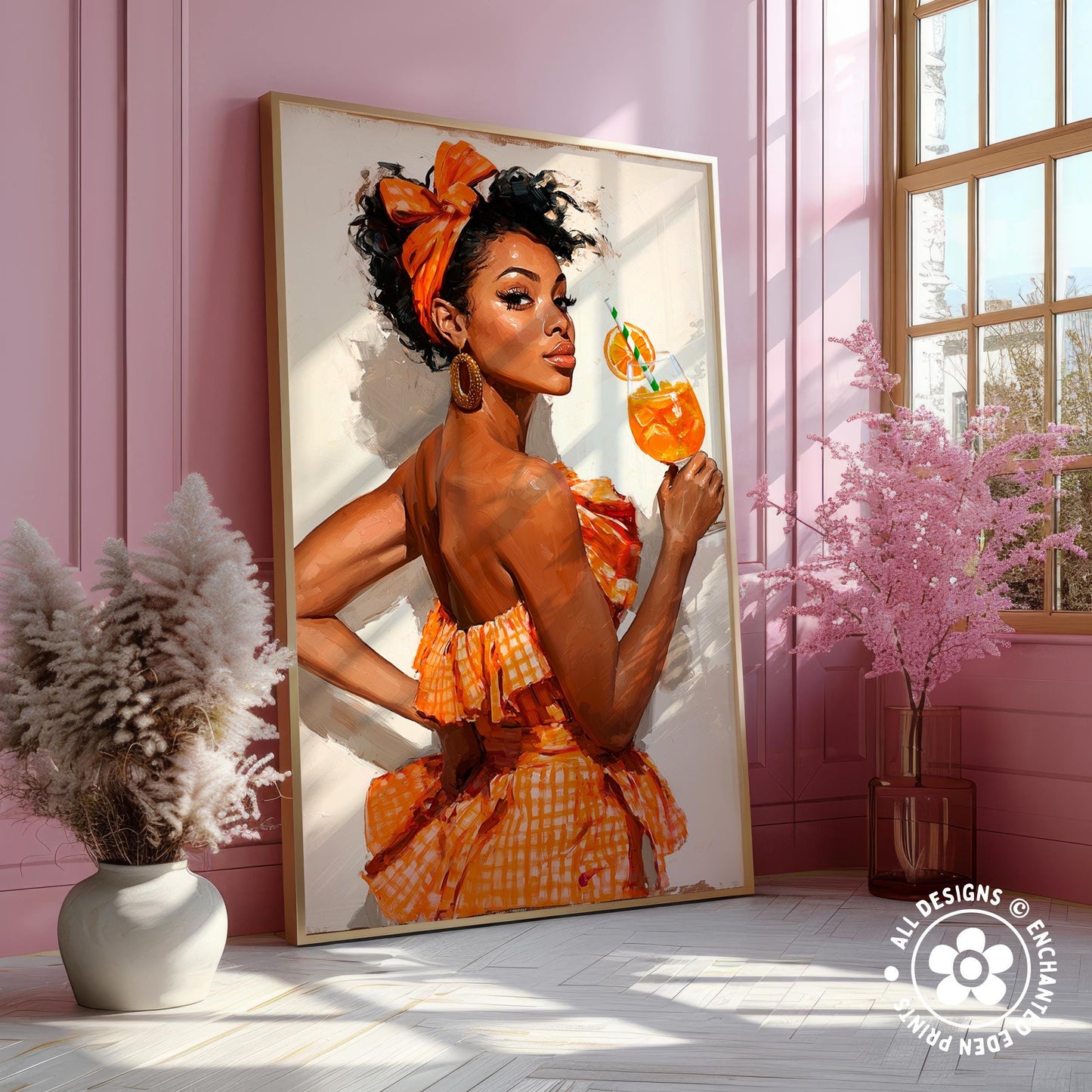 a large framed painting of a woman in an orange dress holding a drink, with a pink wall and a window in the background.