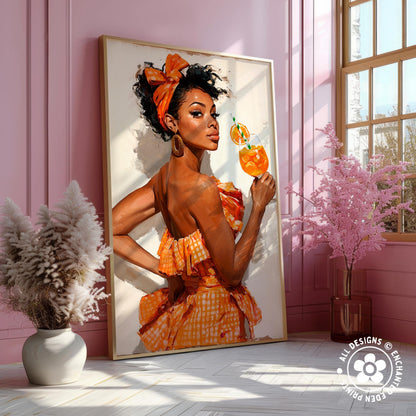 a large framed painting of a woman in an orange dress holding a drink, with a pink wall and a window in the background.