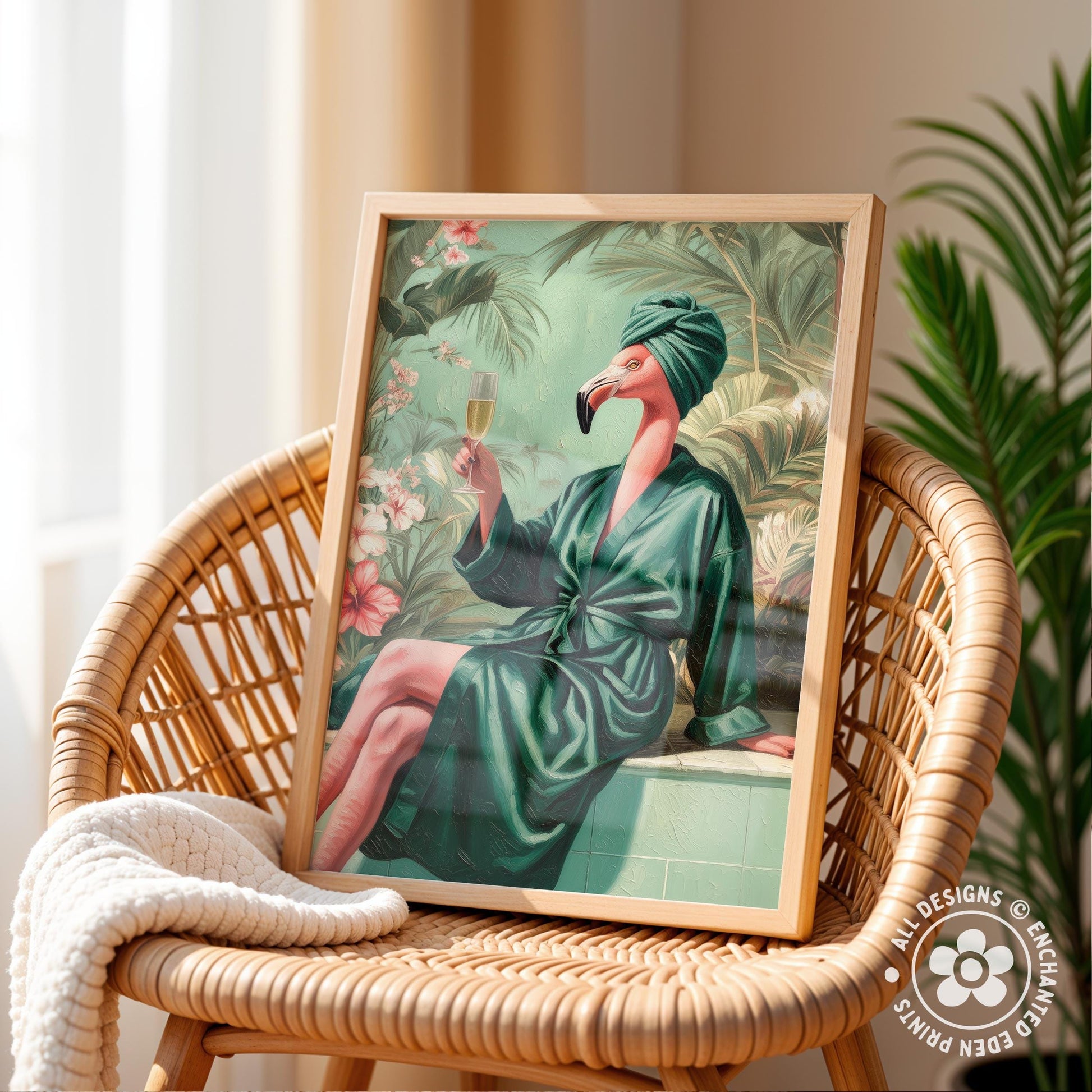A framed painting depicting a flamingo wearing a green bathrobe and holding a glass of wine, sitting on a bench in a tropical setting.