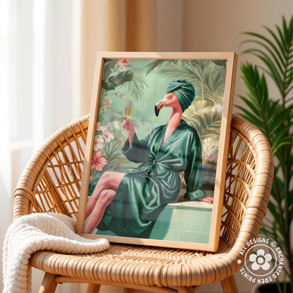 A framed painting depicting a flamingo wearing a green bathrobe and holding a glass of wine, sitting on a bench in a tropical setting.