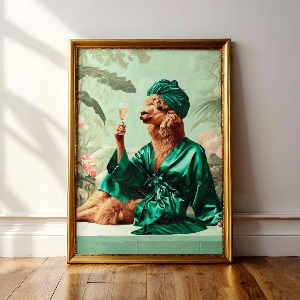 A framed painting depicting a person in a green robe and turban, holding a glass of wine, with a lush, tropical background.