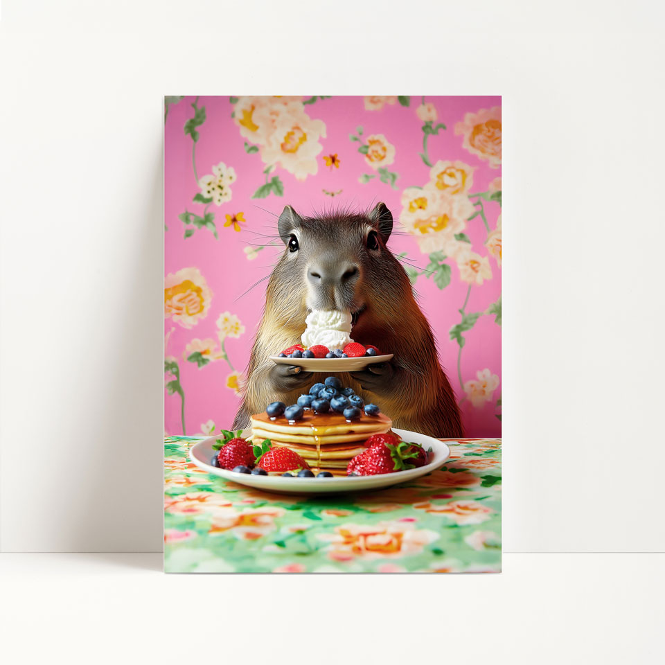 a capybara eating a stack of pancakes and berries