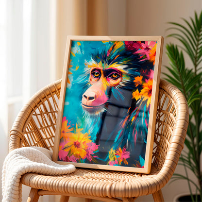 a painting of a monkey on a wicker chair