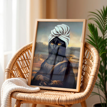 a painting of a woman with a turban sits on a wicker chair