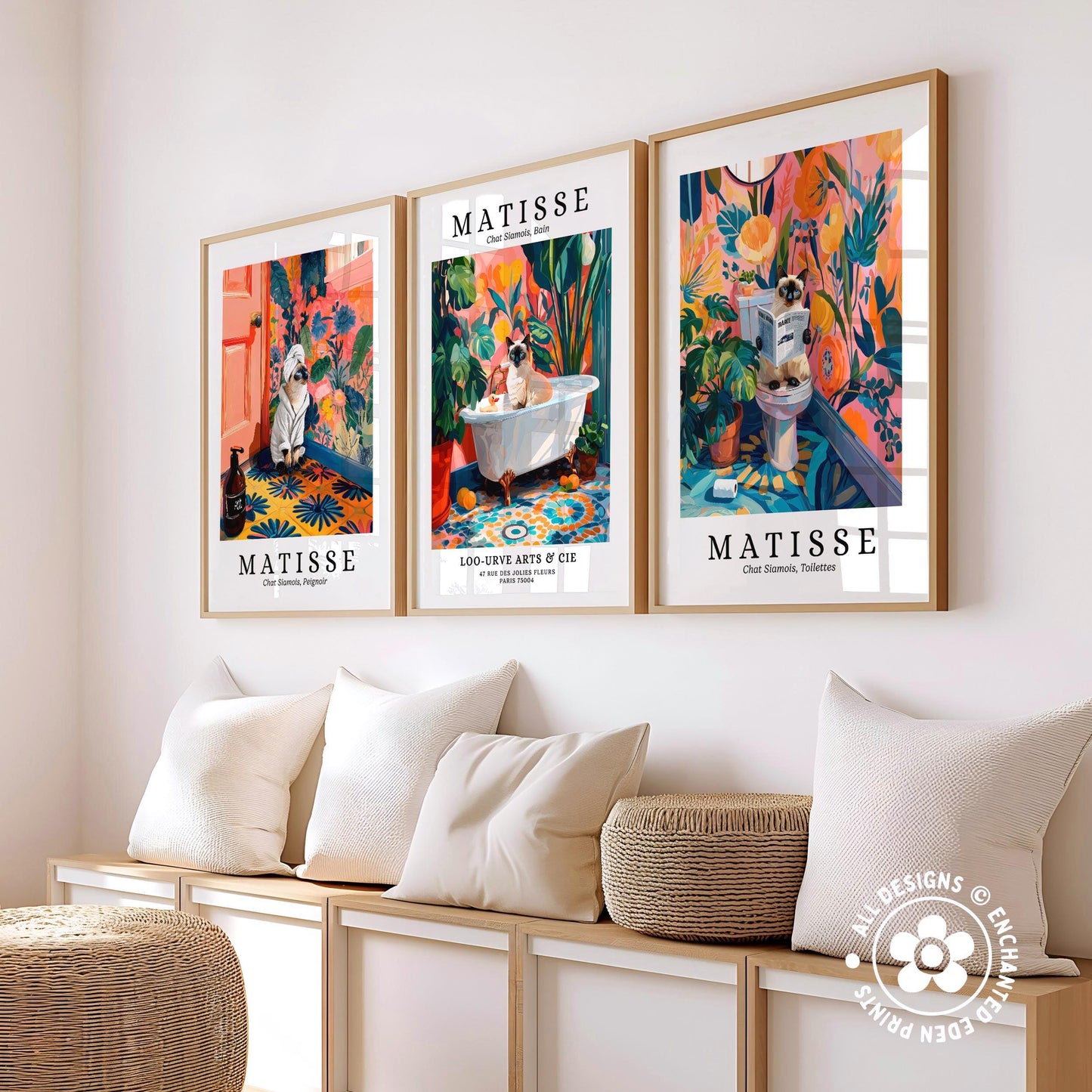 three framed prints of the famous painting "Matisse" by the artist Henri Matisse, displayed on a wall above a wooden bench with pillows.