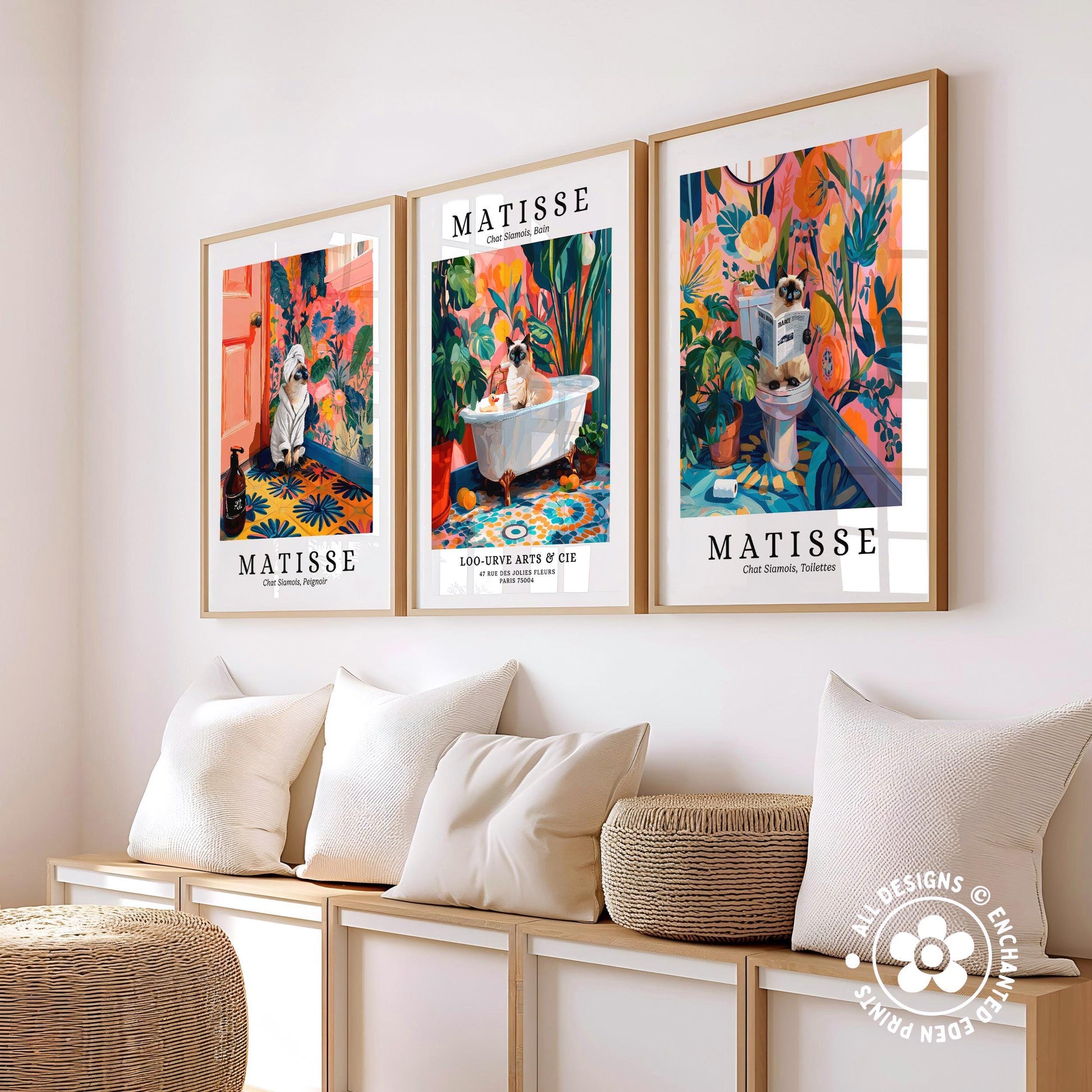 three framed prints of the famous painting "Matisse" by the artist Henri Matisse, displayed on a wall above a wooden bench with pillows.