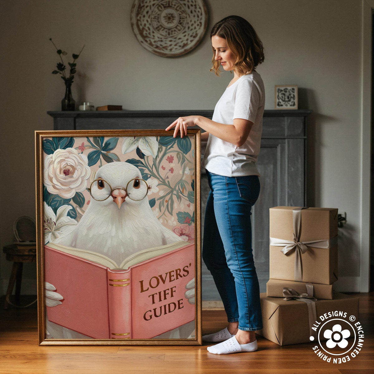 Funny Dove Reading Book Art – Quirky Bird Lover Wall Decor