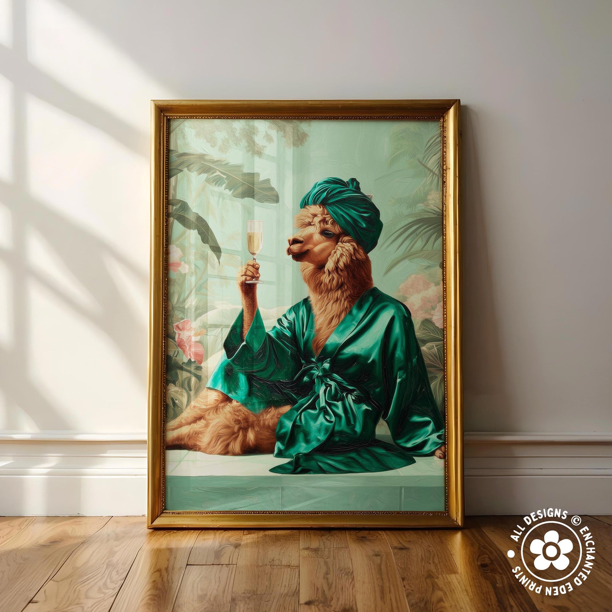 A framed painting depicting a llama wearing a green robe and turban, holding a glass of champagne, with a tropical background.