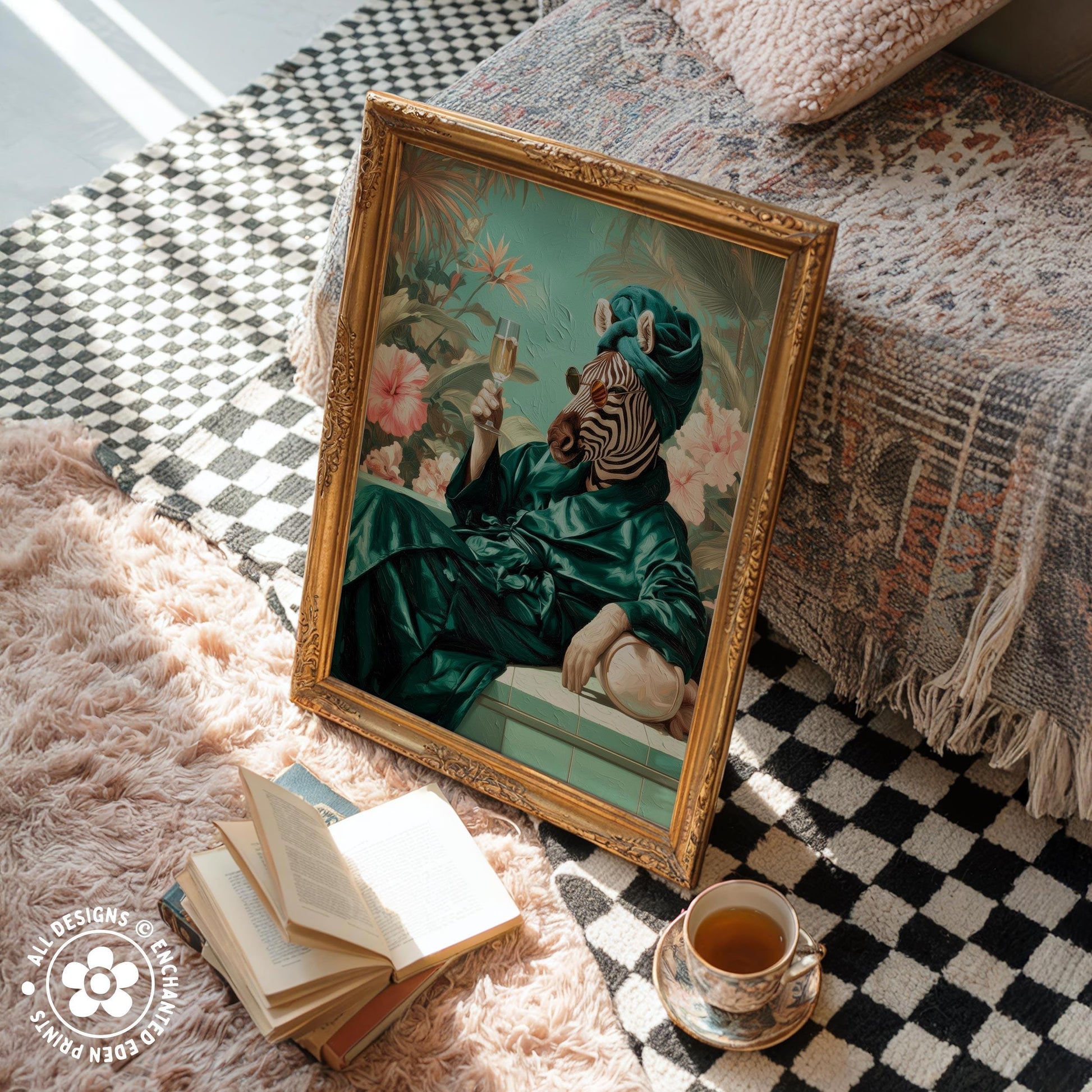 a framed painting of a zebra wearing a green robe and holding a drink, sitting on a checkered rug next to a stack of books and a cup of tea.