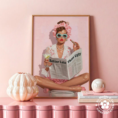 Retro Coquette Wall Art – 1950s “Better Late Than Ugly” Quote Print
