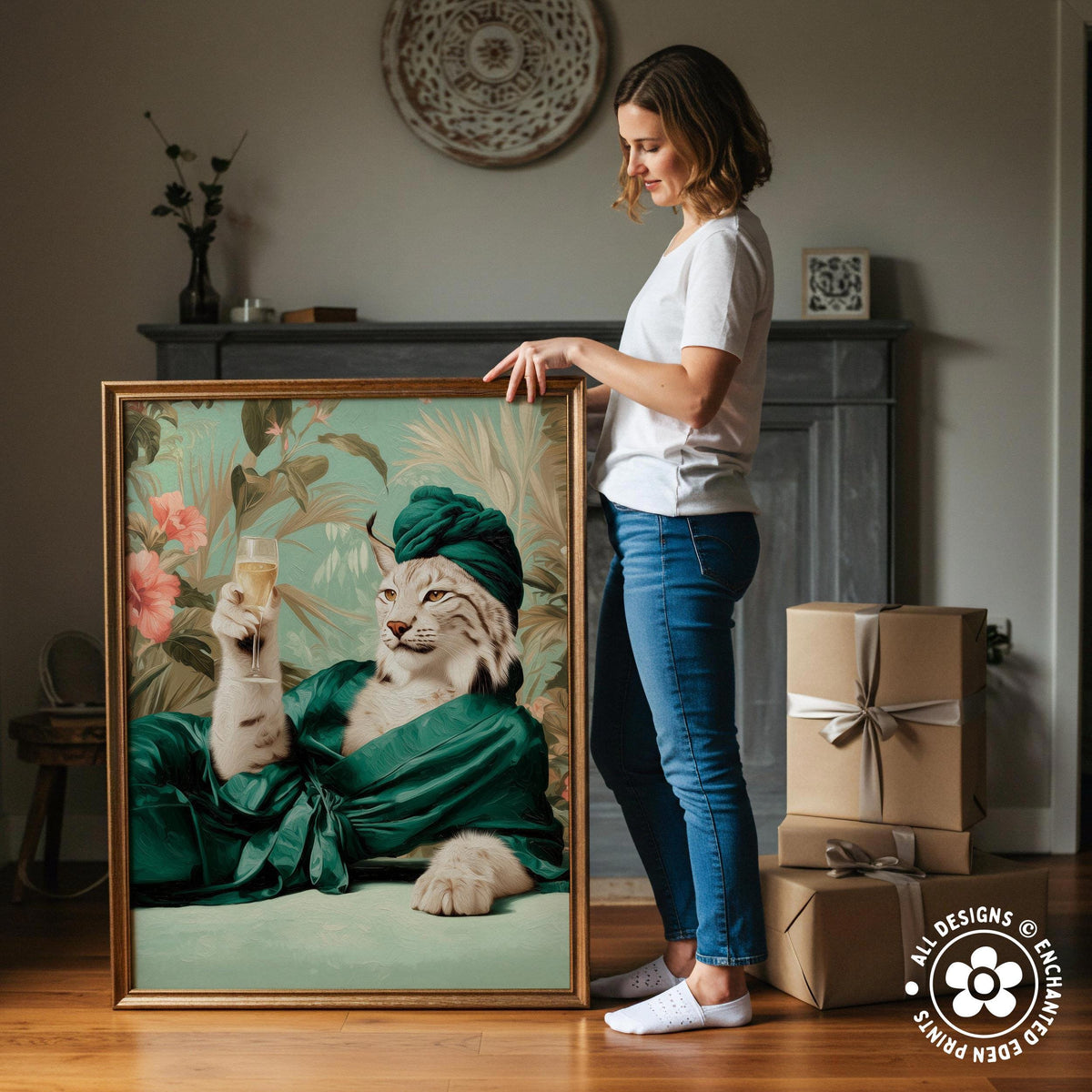 A woman is standing next to a large framed painting depicting a cat wearing a green robe and holding a glass of wine.