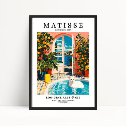 The image is a framed poster featuring a painting of a white cat sitting in a pool, surrounded by a colorful garden with orange trees and a pink building.