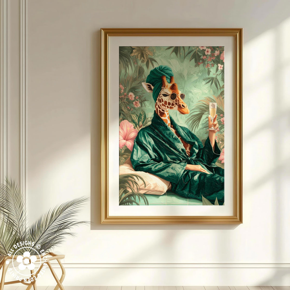 A framed painting depicting a giraffe wearing a green robe and holding a glass of wine, surrounded by tropical foliage.