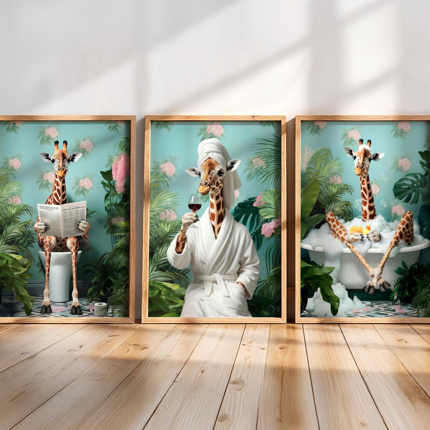 The image is a collage of three framed pictures depicting giraffes in various activities, such as reading a newspaper, taking a bath, and enjoying a drink.