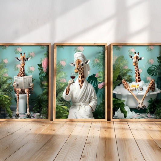 The image is a collage of three framed pictures depicting giraffes in various activities, such as reading a newspaper, taking a bath, and enjoying a drink.