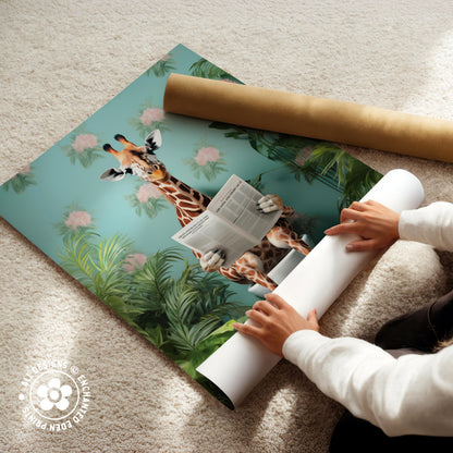 A person is sitting on the floor, reading a newspaper while surrounded by a vibrant, nature-inspired poster featuring a giraffe.