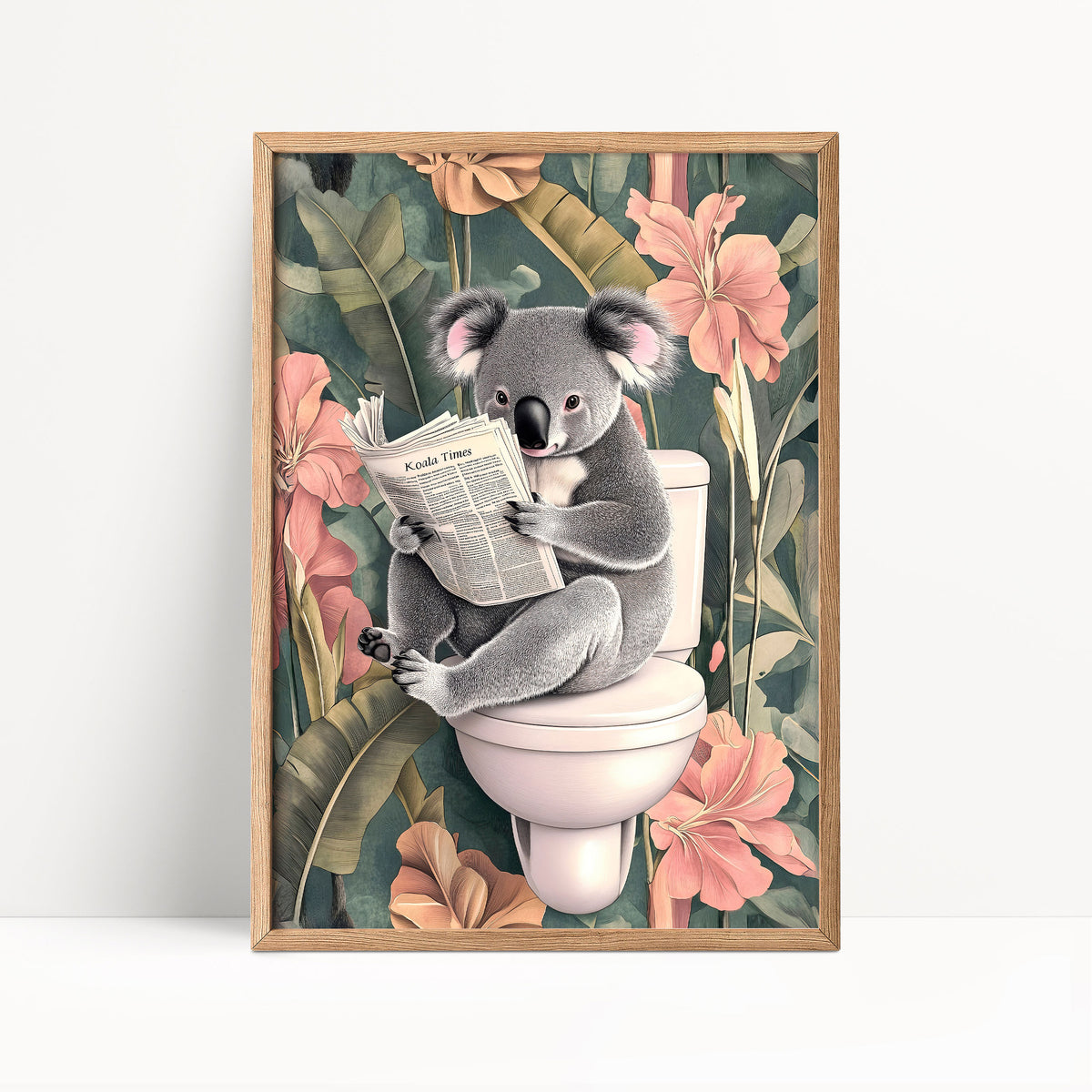 A koala sitting on a toilet surrounded by tropical plants and flowers, reading a newspaper.