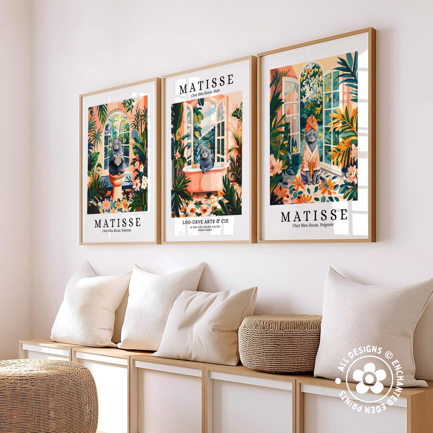 three framed prints of the famous French artist Matisse, each depicting a different scene from his work. The prints are arranged on a wall, with a bench and a woven ottoman in the foreground.