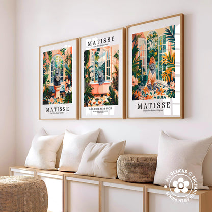three framed prints of the famous French artist Matisse, each depicting a different scene from his work. The prints are arranged on a wall, with a bench and a woven ottoman in the foreground.