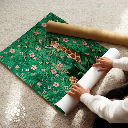 A person is unfolding a roll of paper with a vibrant, tropical-themed wallpaper pattern featuring a giraffe and lush greenery.