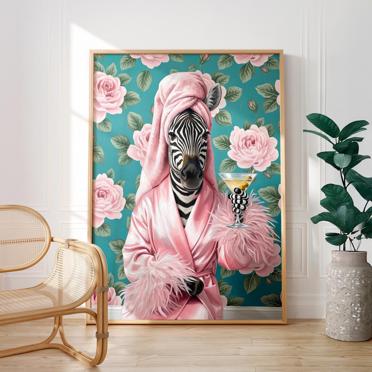 Funny Zebra in Robe Poster – Glam Bathroom & Bar Wall Art
