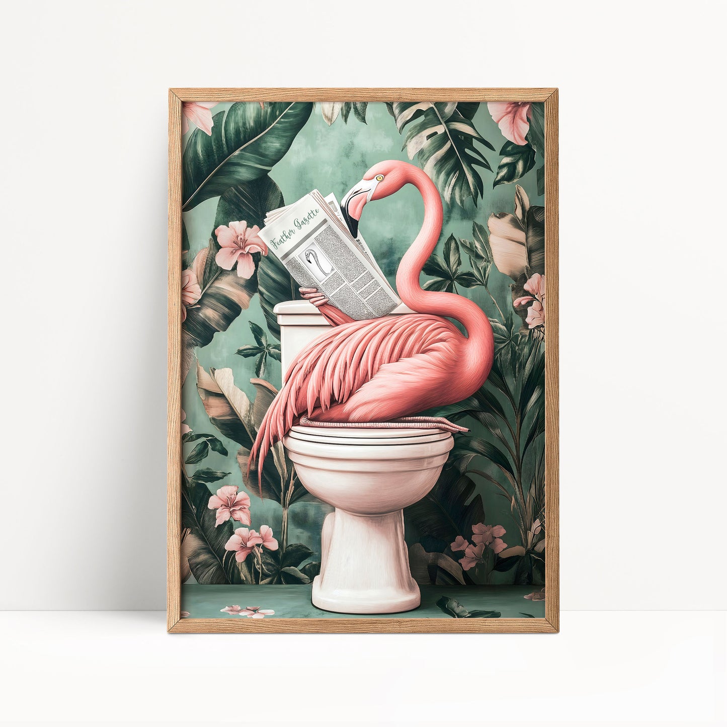 A pink flamingo is sitting on a toilet and reading a newspaper, surrounded by tropical foliage and flowers.