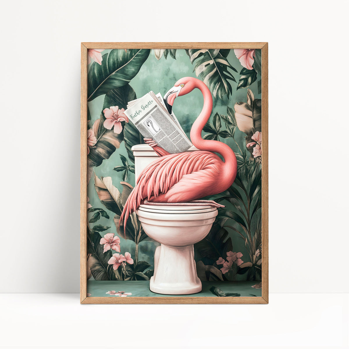 A pink flamingo is sitting on a toilet and reading a newspaper, surrounded by tropical foliage and flowers.