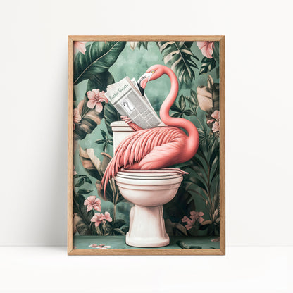 A pink flamingo is sitting on a toilet and reading a newspaper, surrounded by tropical foliage and flowers.