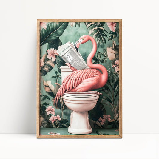 A pink flamingo is sitting on a toilet and reading a newspaper, surrounded by tropical foliage and flowers.