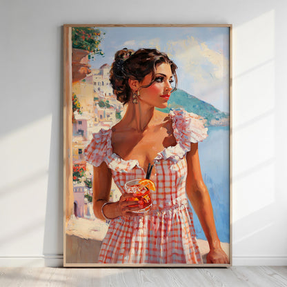 A woman in a pink and white checkered dress stands in front of a scenic backdrop, holding a drink in her hand.