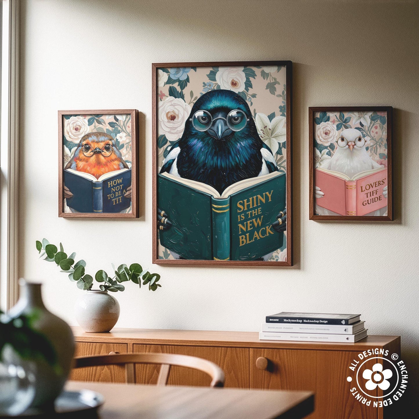 Funny Magpie Reading Book Art – Quirky Bird Lover Wall Decor