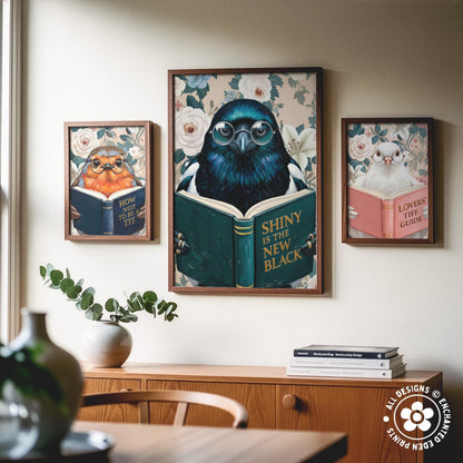 Funny Magpie Reading Book Art – Quirky Bird Lover Wall Decor