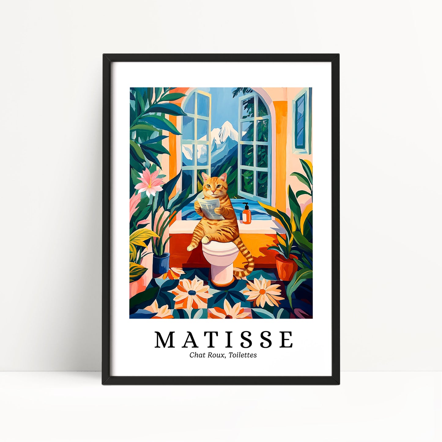 The image is a framed poster featuring a cat sitting on a toilet in a bathroom, surrounded by colorful flowers and plants.