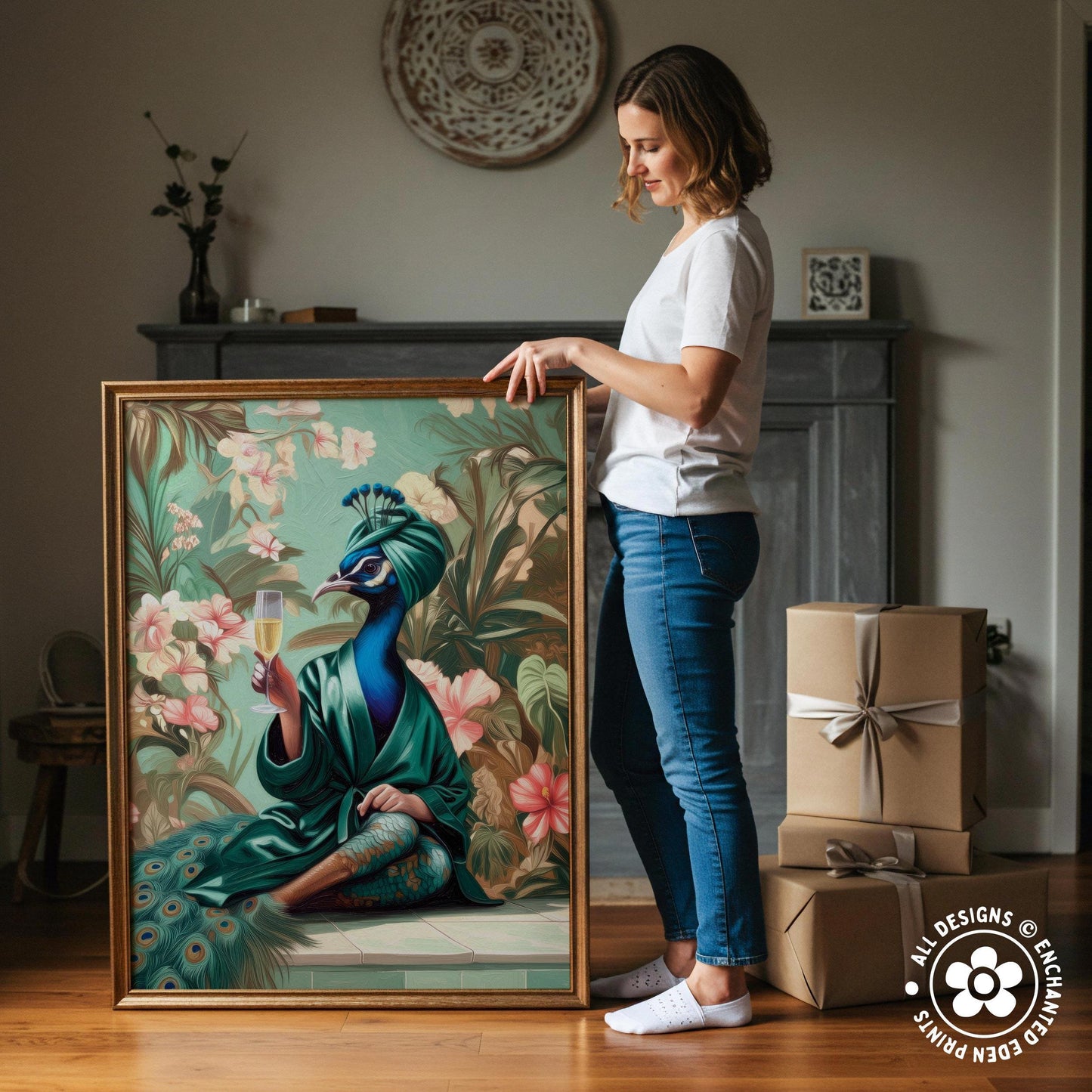 A woman stands next to a large framed painting depicting a peacock in a green robe and holding a glass of wine.