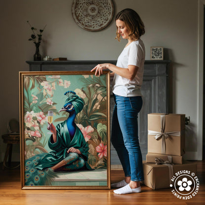 A woman stands next to a large framed painting depicting a peacock in a green robe and holding a glass of wine.