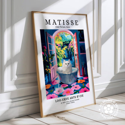 The image is a framed poster featuring a painting of a white cat sitting in a bathtub filled with flowers, surrounded by a colorful and whimsical scene.