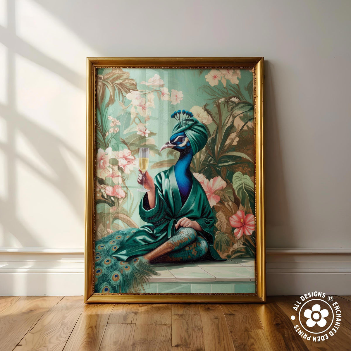 A framed painting depicting a peacock wearing a green robe and holding a glass of wine, surrounded by a lush floral background.