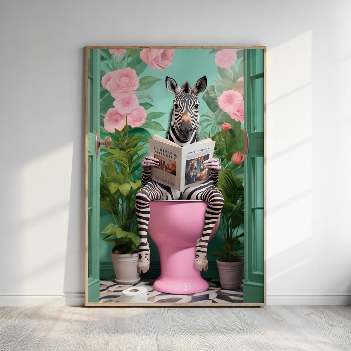 A zebra is sitting on a pink toilet, reading a newspaper, surrounded by pink flowers and green plants in a room with a white wall and wooden floor.