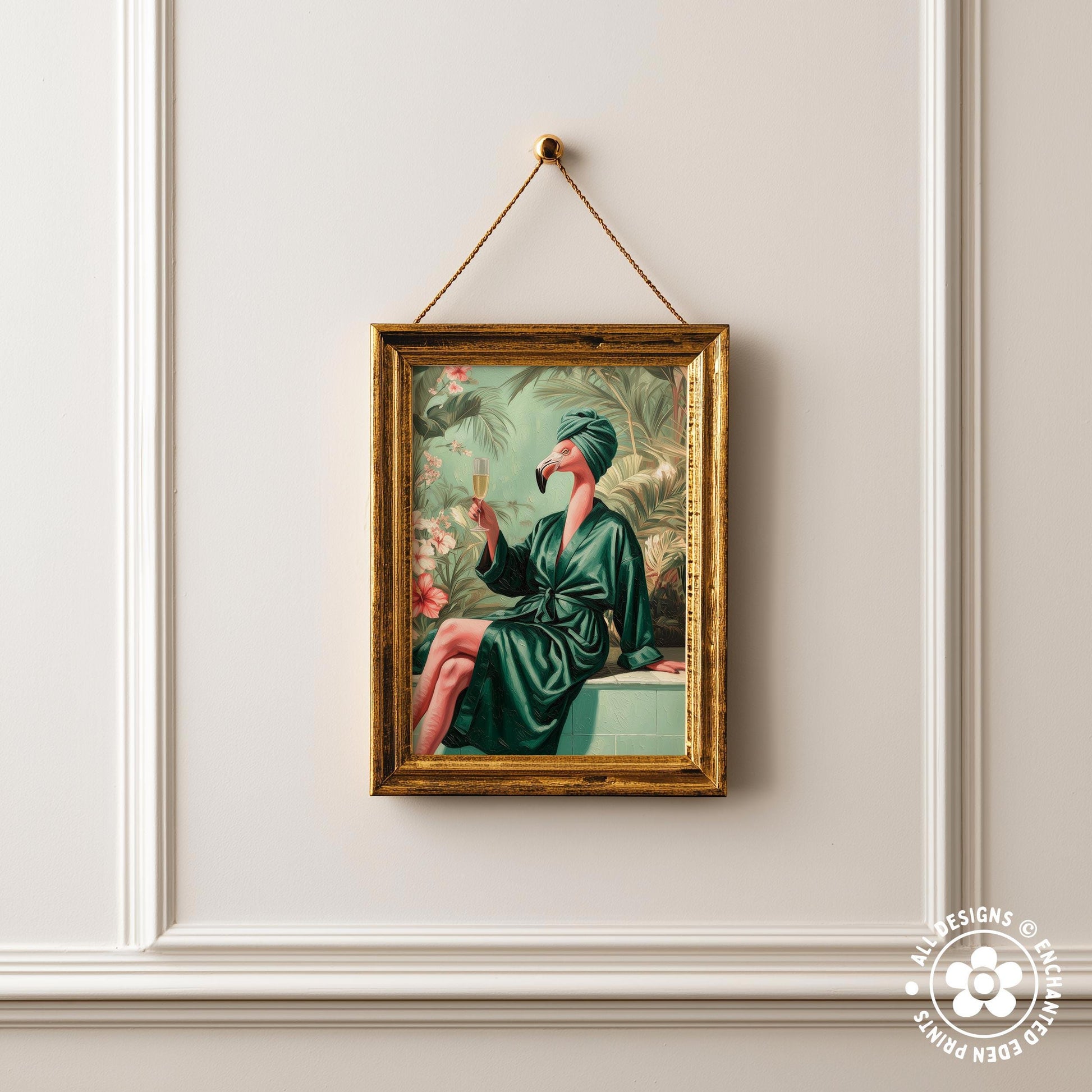 a framed painting of a woman in a green robe, sitting on a bench and holding a book.