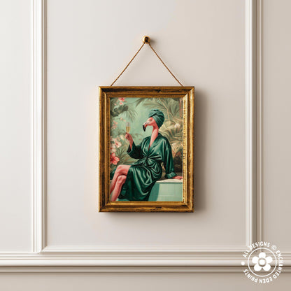 a framed painting of a woman in a green robe, sitting on a bench and holding a book.